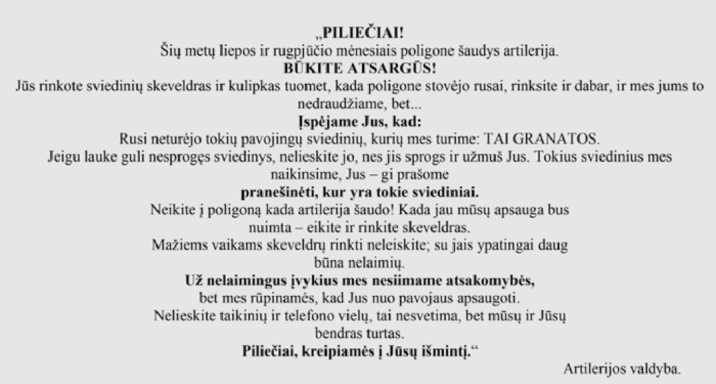 Informacinių skelbimų, platintų Varėnos poligono apylinkių gyventojams, tekstas